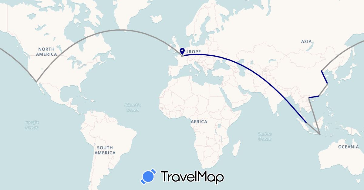 TravelMap itinerary: driving, plane in China, France, Hong Kong, Indonesia, Singapore, United States, Vietnam (Asia, Europe, North America)